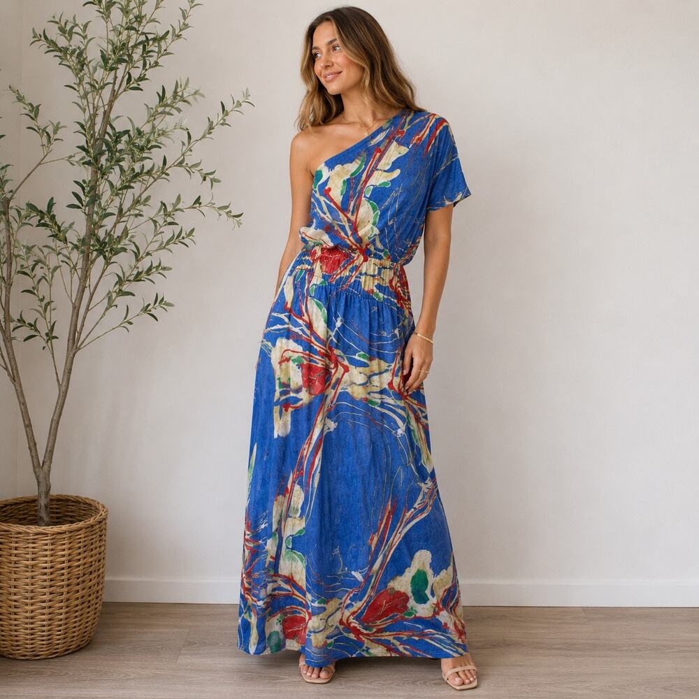 Kanvas Abstract Print One Shoulder Maxi Dress Blue Draped Boho Y2K Sz L